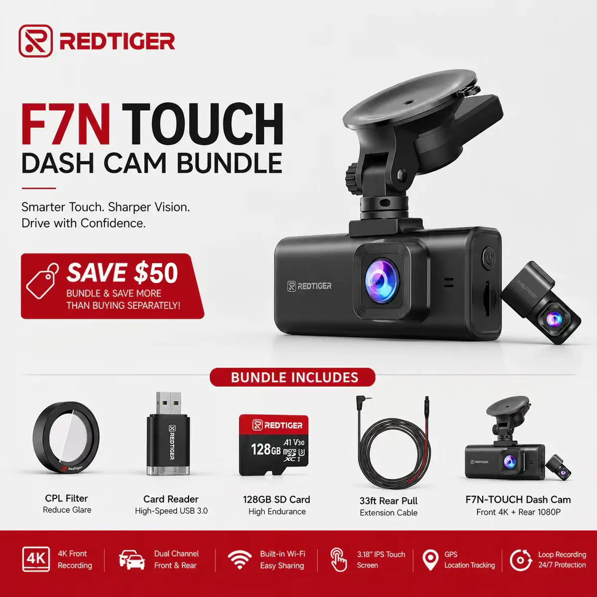 Redtiger F7NT Touch Screen 4K Dual Dash Cam