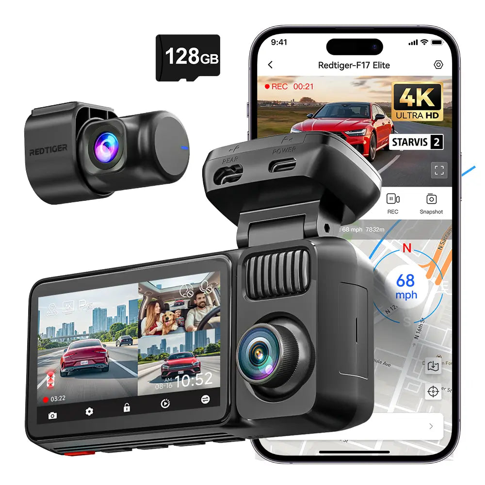 REDTIGER F17 Elite 4K 3 Channel Dash Cam 4K+2.5K+1080P STARVIS 2 Dual HDR IMX678 & IMAX 675 WIFI-6 Full Night Color
