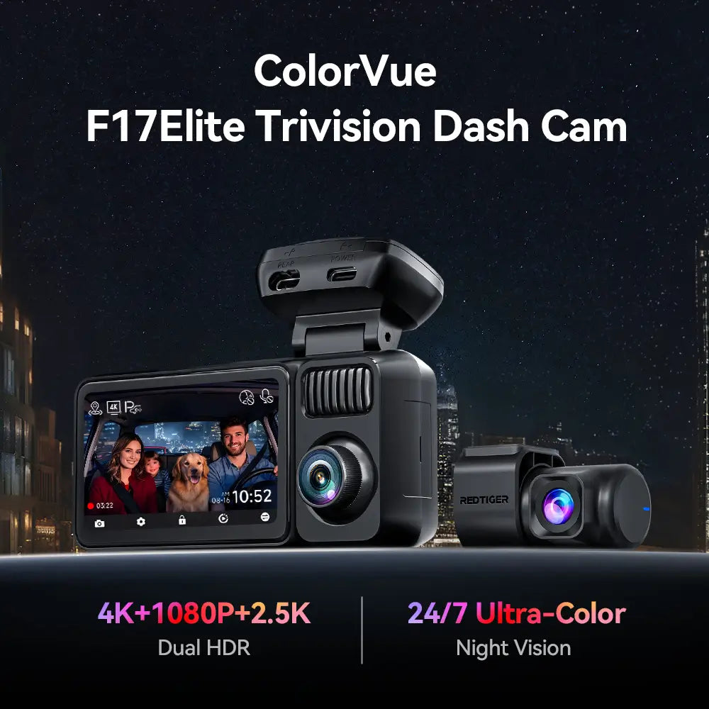 REDTIGER F17 Elite 4K 3 Channel Dash Cam 4K+2.5K+1080P STARVIS 2 Dual HDR IMX678 & IMAX 675 WIFI-6 Full Night Color