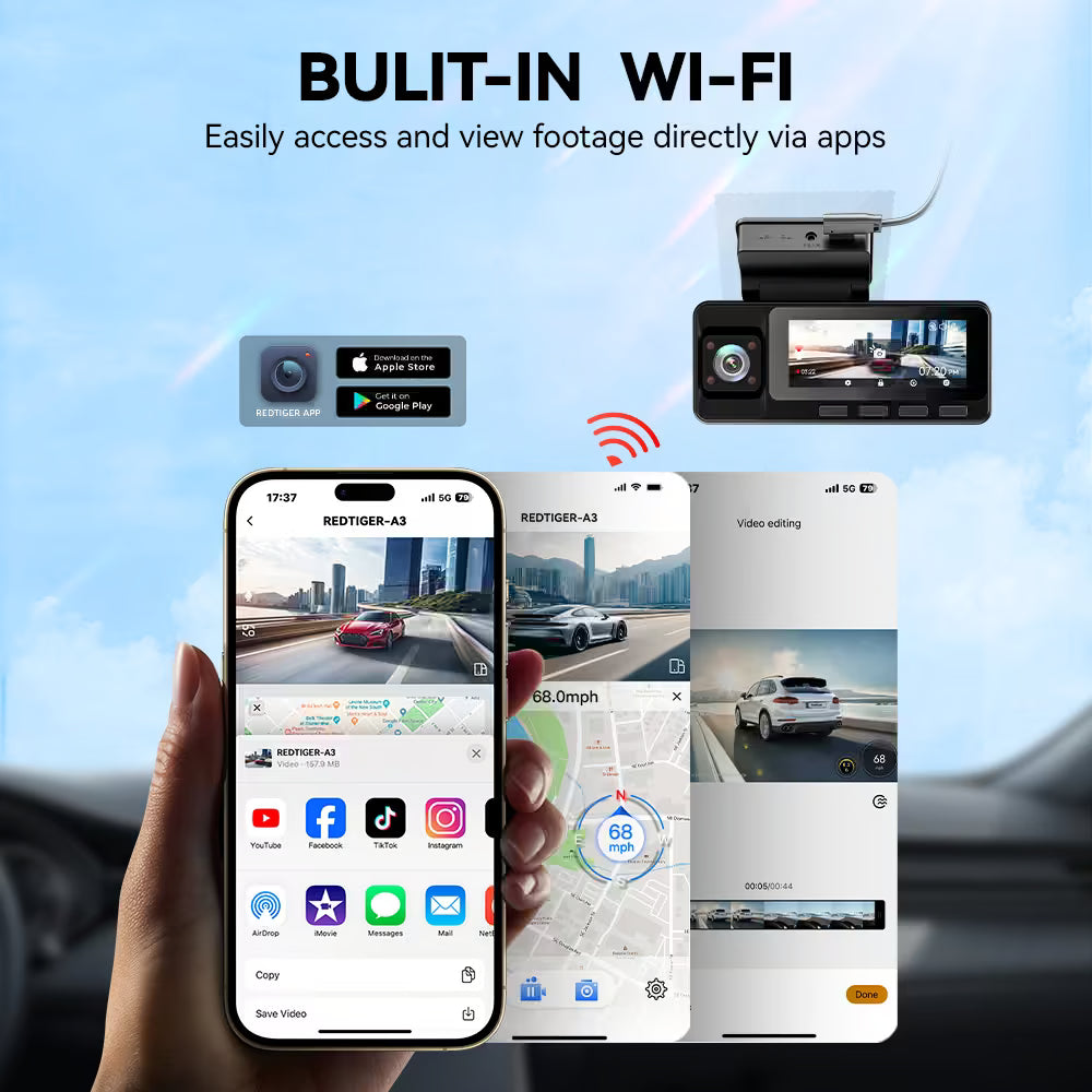 REDTIGER A3 3-Channel Dash Cam 2.5K + Dual 1080P - WiFi & IR Night Vision