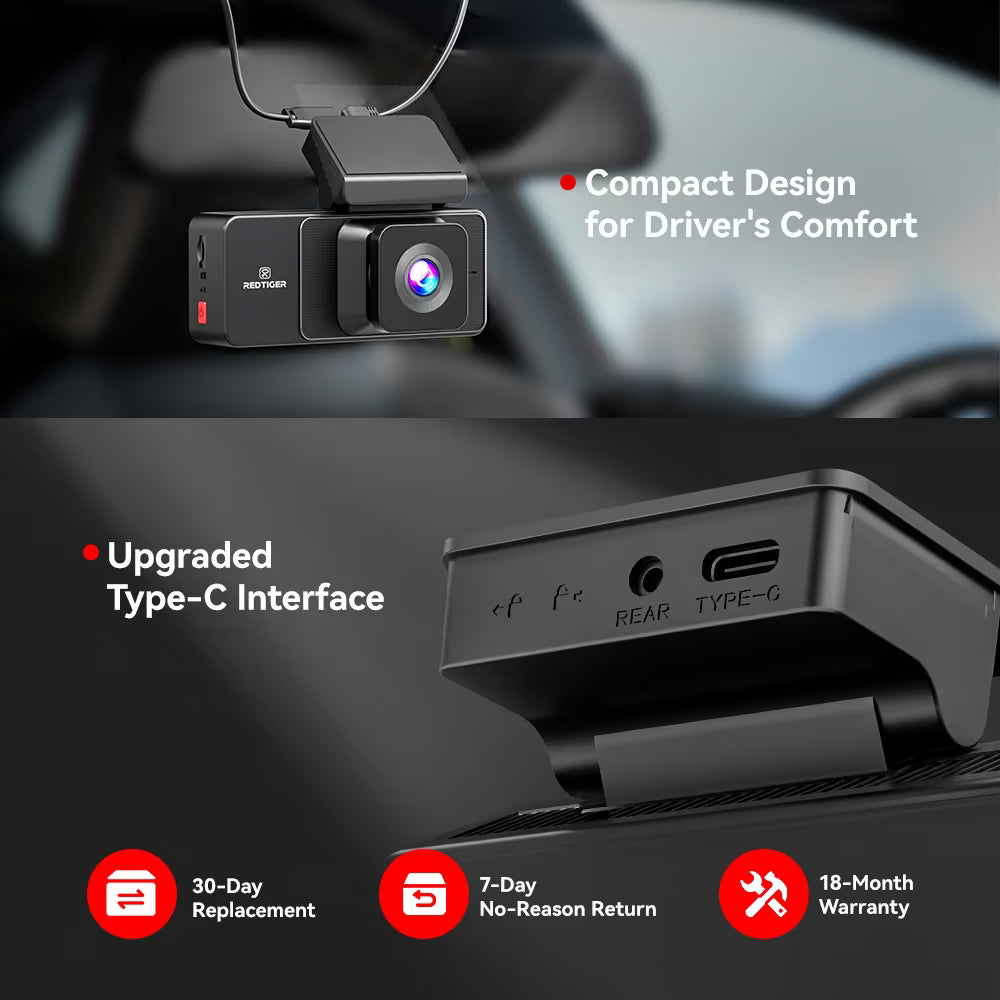 REDTIGER A3 3-Channel Dash Cam 2.5K + Dual 1080P - WiFi & IR Night Vision