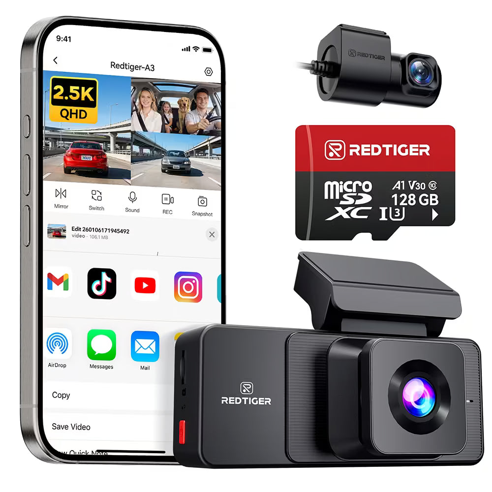 REDTIGER A3 3-Channel Dash Cam 2.5K + Dual 1080P - WiFi & IR Night Vision