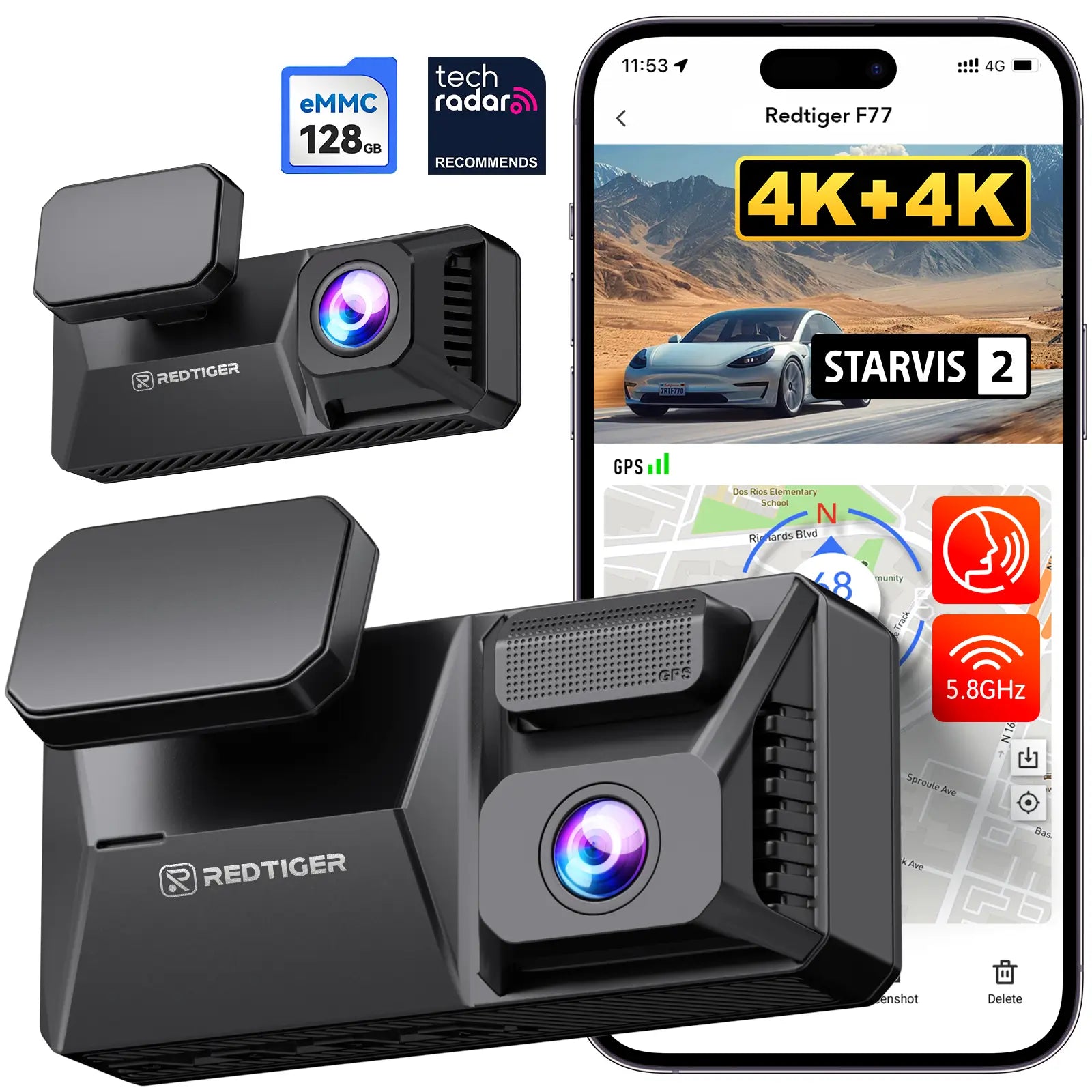 F77 STARVIS 2 4K+4K Dual IMX678 Voice Control 5.8GHz High Speed WIFI Dash Cam
