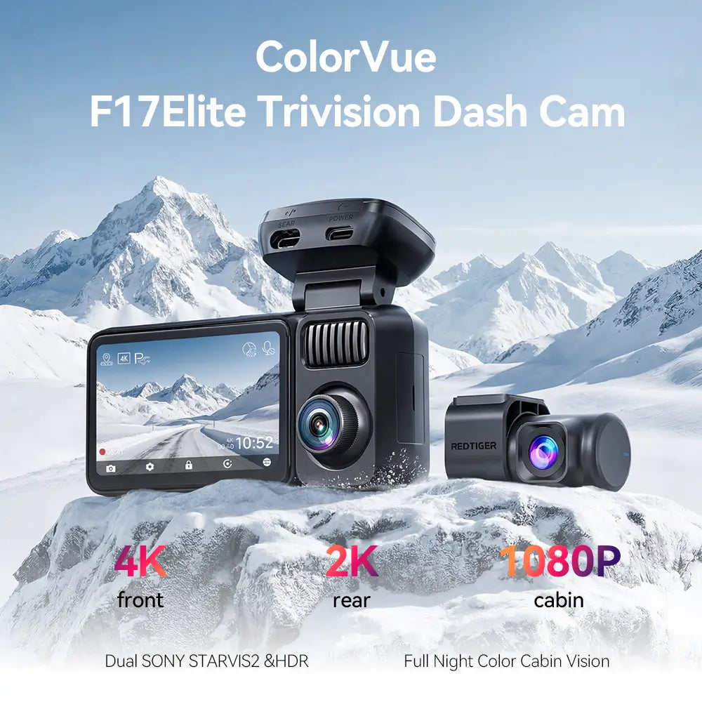 REDTIGER F17 Elite 4K 3 Channel Dash Cam 4K+2.5K+1080P STARVIS 2 Dual HDR IMX678 & IMAX 675 WIFI-6 Full Night Color
