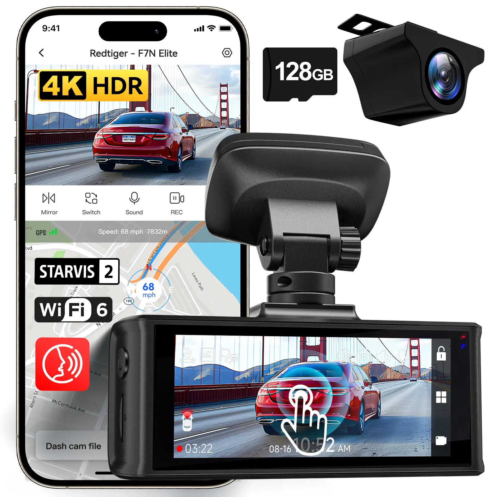 Redtiger F7N Elite 4K Sony STARVIS 2 WiFi-6 Touchscreen Voice Control Dual Dash Cam